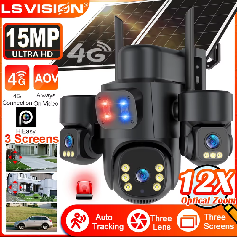 15MP AOV 4G Solar Camera 12X Optical Zoom Outdoor Surveillance Camera Three Scre