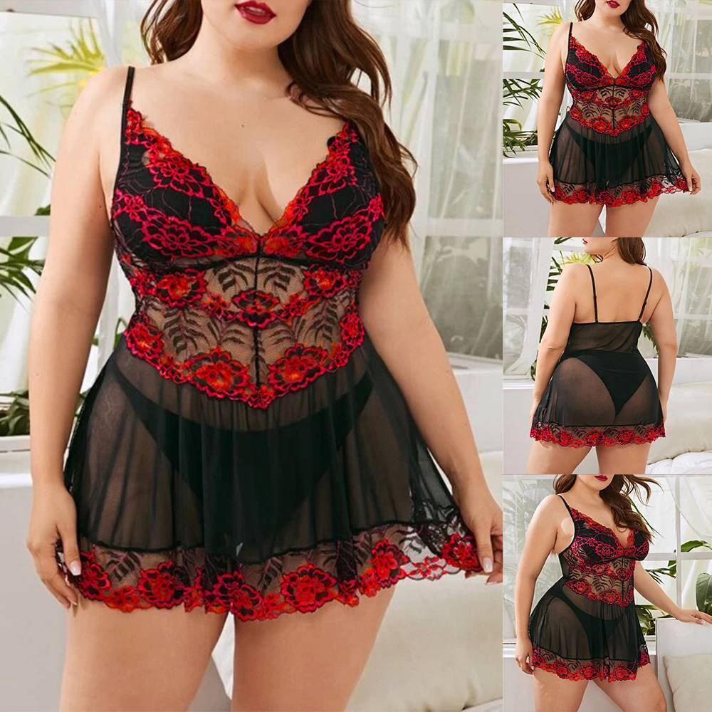 Plus Size Women Sexy Lace Lingerie Dress G-String Babydoll N