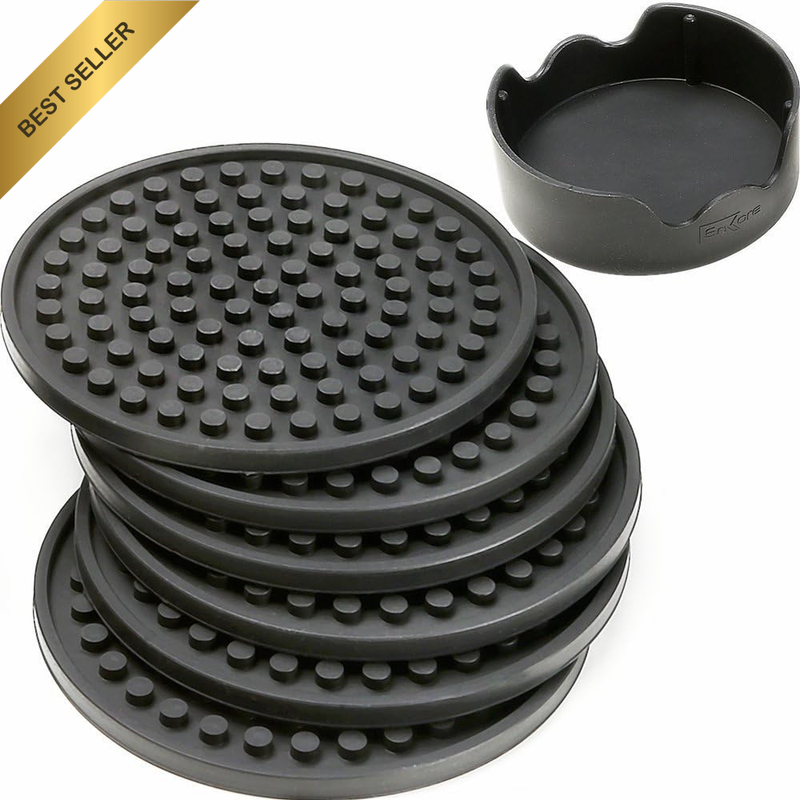 Drink Coasters Set of 6 Pack in Holder, Gray - Non-Stick to Cup with Ridged Sili