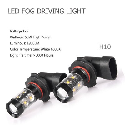 New 50W Pair LED Fog Daytime Driving Headlights Lamp Bulbs White H10 6000K Cool