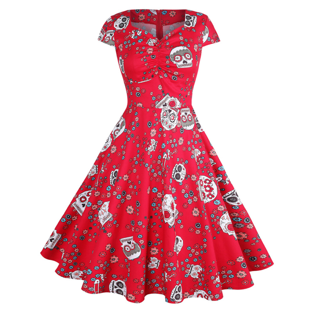 BS Ladies Halloween Long Sleeve Pumpkin Skulls Print Retro Swing Dress