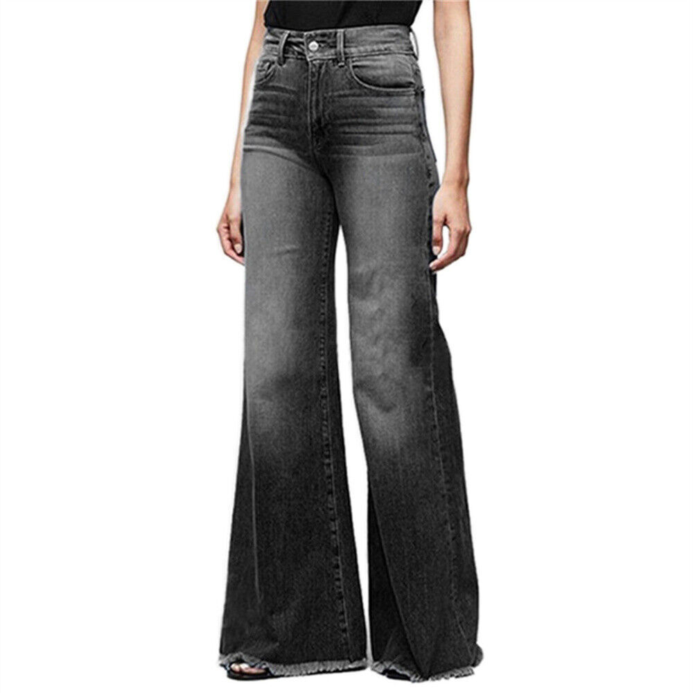 Women Palazzo Bell Bottoms Jeans Flare Denim Pants High Waist Wide Leg Trousers