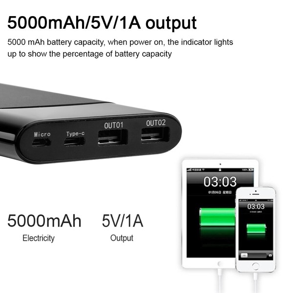 Portable 5000mAh power bank charging smartphones with indicator lights.