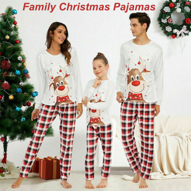 Christmas Family Pajamas Set Adult Kids Kids Deer Printed Tops+Plaid Pants Set