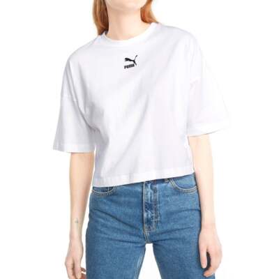 

Puma Clsx Boyfriend Logo Футболка с круглым вырезом и коротким рукавом женская белая спортивная Ca, Белый