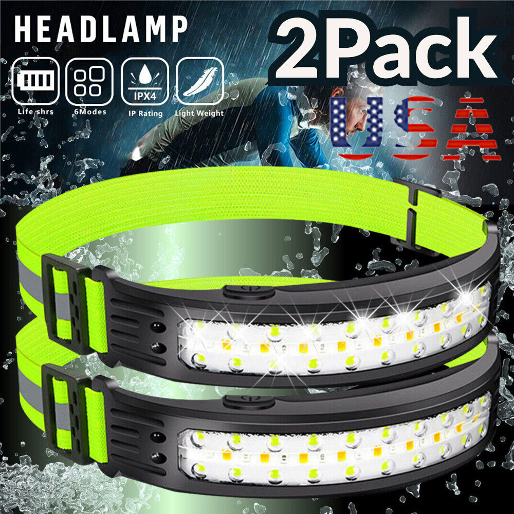 2PACK Headlamp COB LED Rechargeable Headlight Torch Work Light Bar Head Band USB
