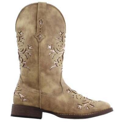 Roper Kennedy Glitter Tooled Inlay Square Toe Cowboy Womens Beige Casual Boots