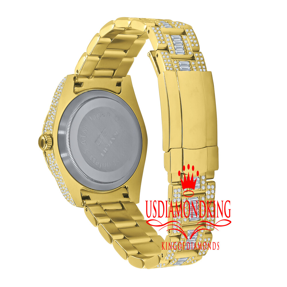 Pre-owned Bling Master Men's Stainless Steel 18k Yellow Gold Finish Simulated Diamond Watch 42mm W/date