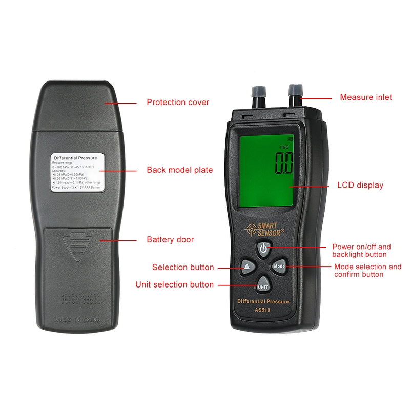 AS510 Manometer Digital air pressure Meter 0-100 hPa/0-45.15 in H2O digital nega