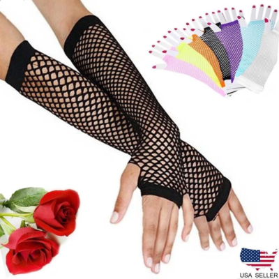 Neon Tone Long Fishnet Fingerless Elbow Sleeves Gloves Punk Costume 80s Style