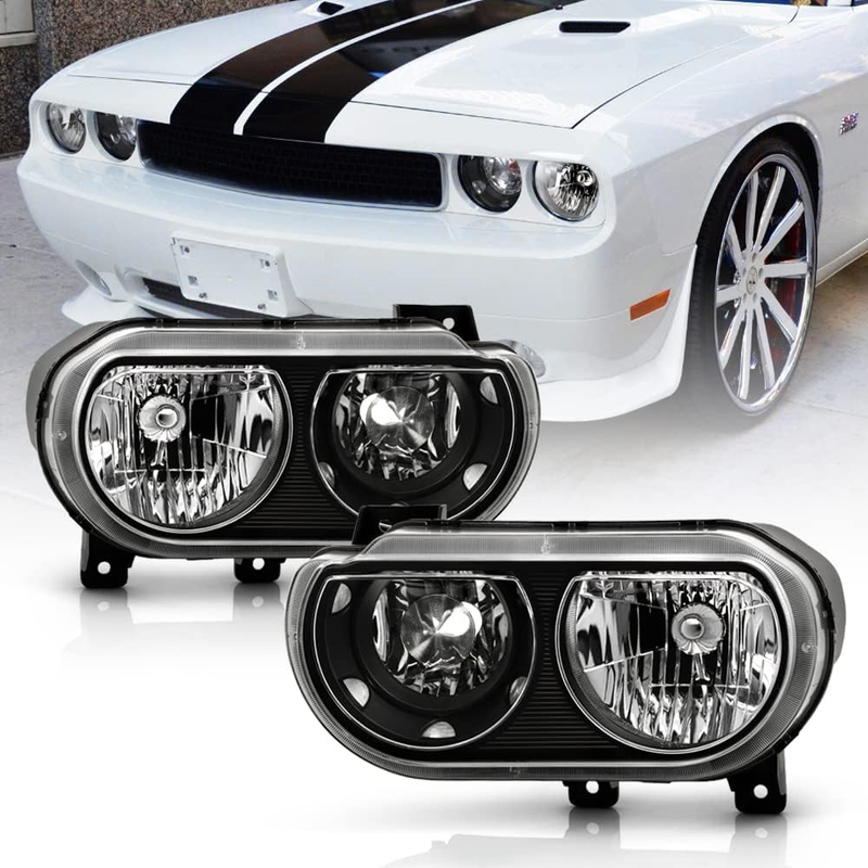 Black Headlights Pair Left Right for 2008-2014 Dodge Challenger SE R/T Halogen