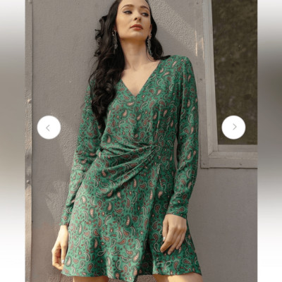 Mango MNG Paisley Satin Finish Long Sleeve Sustainable A Line Mini Dress Size 4