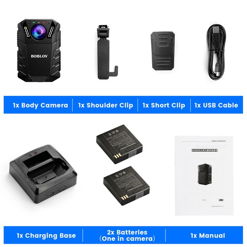 BOBLOV Body Camera 1296P Police camcorder IR Night Vision  128GB Cam 2*Batteries