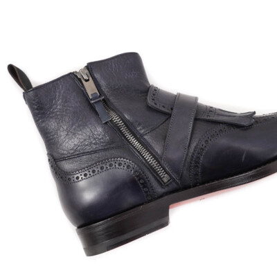 Pre-owned Santoni $1295  Goodyear Welt Navy Ankle Boots With Buckle Detail Us 6 Shoes In Blue