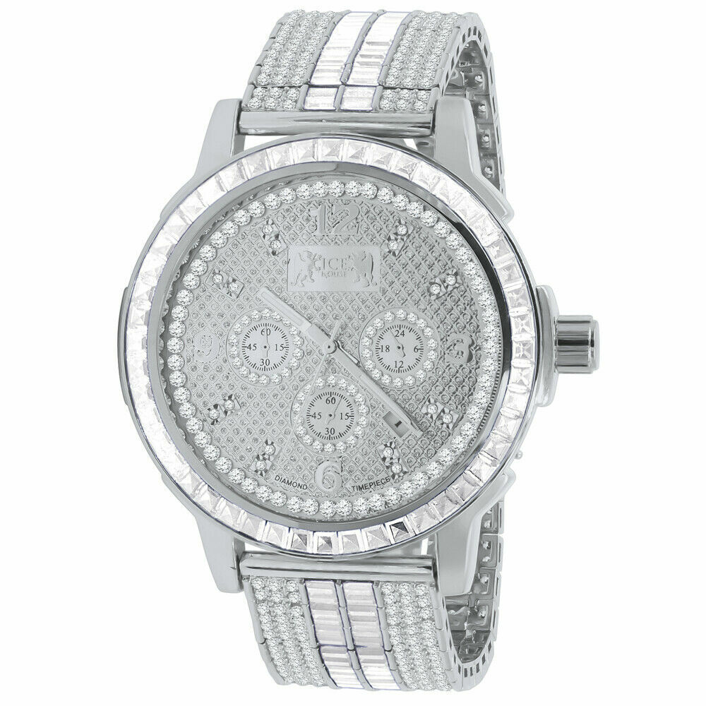 Pre-owned Ice House Custom Solid Steel Bezel Real Diamond Dial White Gold Tone Adjustable Band Watch
