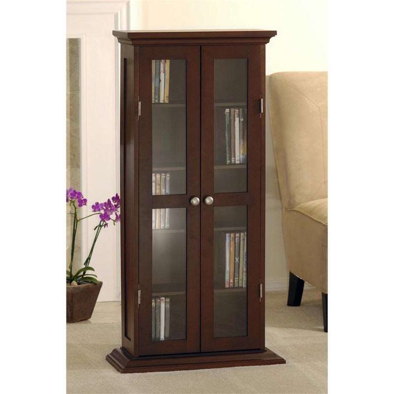 5 Shelf Walnut Finish Wooden Media Cabinet CD DVD Storage Tower Glass Door Stand
