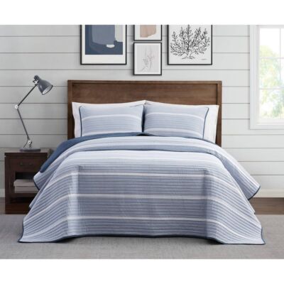 Brooklyn Loom Quilt Set Cotton Yarn Dyed Stripe Long-lasting, Blue, Full/Queen
