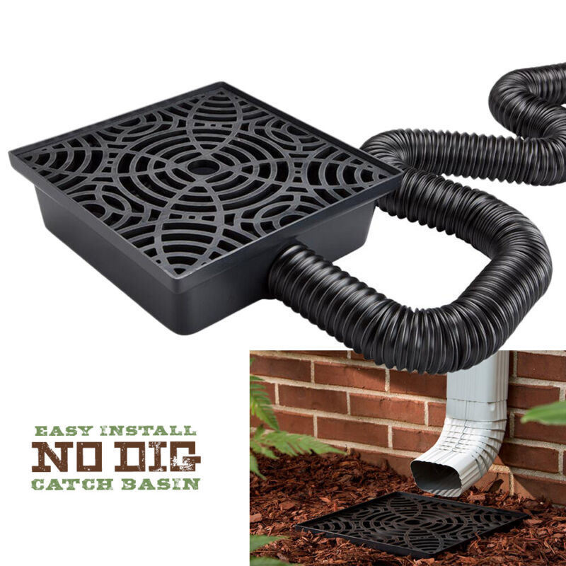 12 Inch No Dig Low Profile Catch Basin Downspout Extension Kit, Black