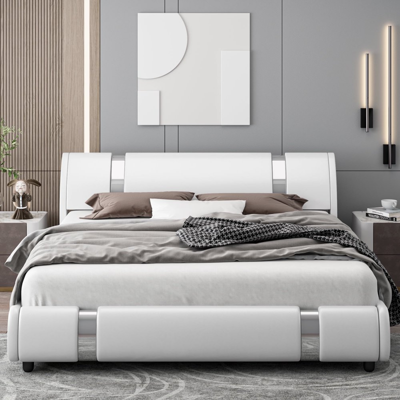 Platform Bed Frame Luxury Modern Faux Leather Upholstered Curved Headboard Full