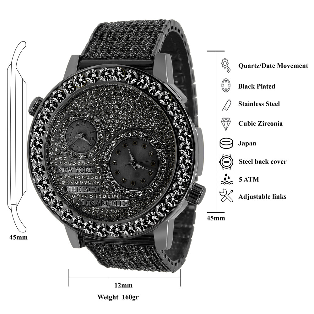 Pre-owned Ice Master Black Gold Finish Solitaire Real Diamond Dial 2 Time Zone Chronograph Mens Watch