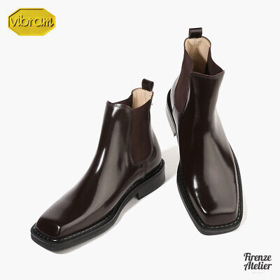 Firenze Atelier Men's Brown Leather Square Toe Chelsea Boots W/ Vibram Sole