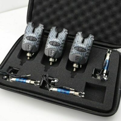 3 Carp Fishing Bite Alarms & 3 Blue illuminated hangers. Blue LED's, Jacks, Case