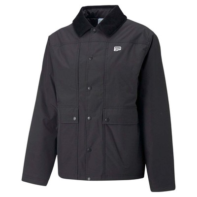 

Puma Downtown Padded Coach Button Down Jacket Mens Black Casual Athletic Outerwe, Черный, Puma Downtown Padded Coach Button Down Jacket