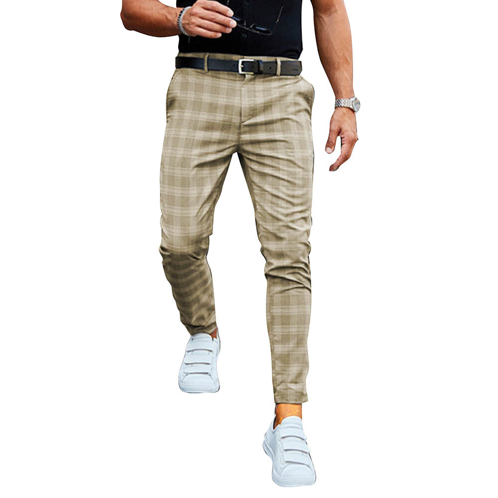 Mens Plaid Skinny Pencil Pants Business Formal Casual Slim Fit Trousers Bottoms