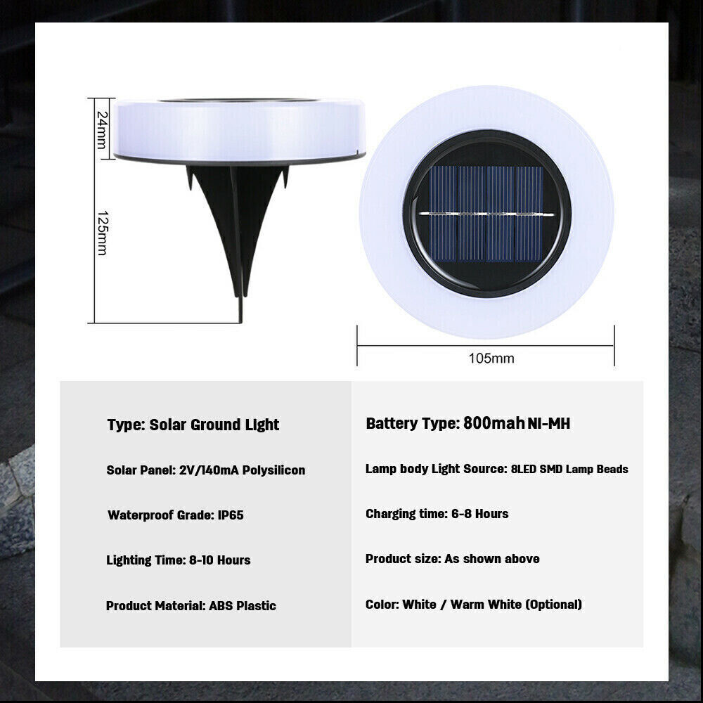 Solar Powered Buried Lights 8 LED Under Ground Lamp Outdoor Lawn Garden Decking