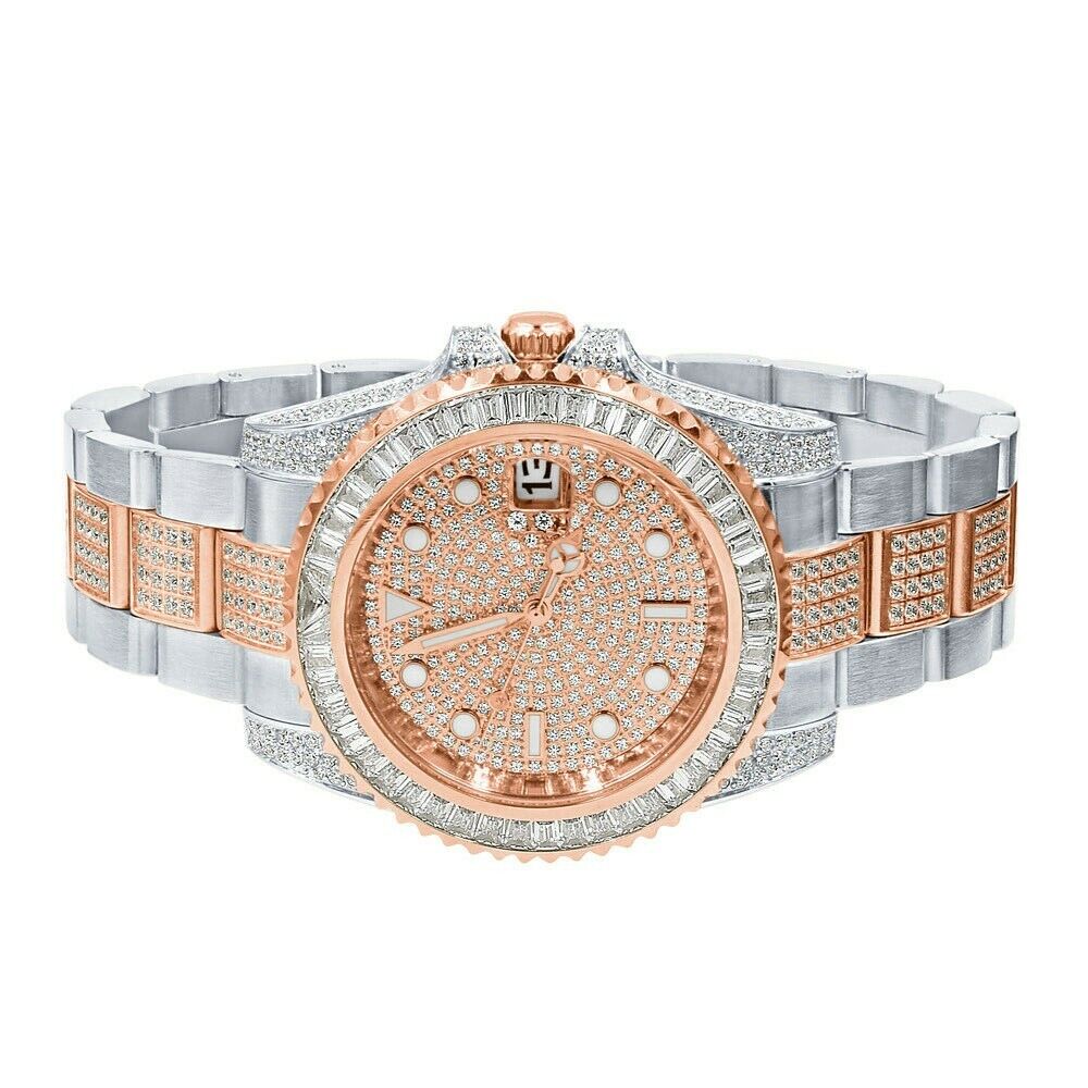 Pre-owned Bm Hurricane Icy Authentic Baguette Cz Solid Steel 2 Tone On Rose Gold Finish 40mm Watch