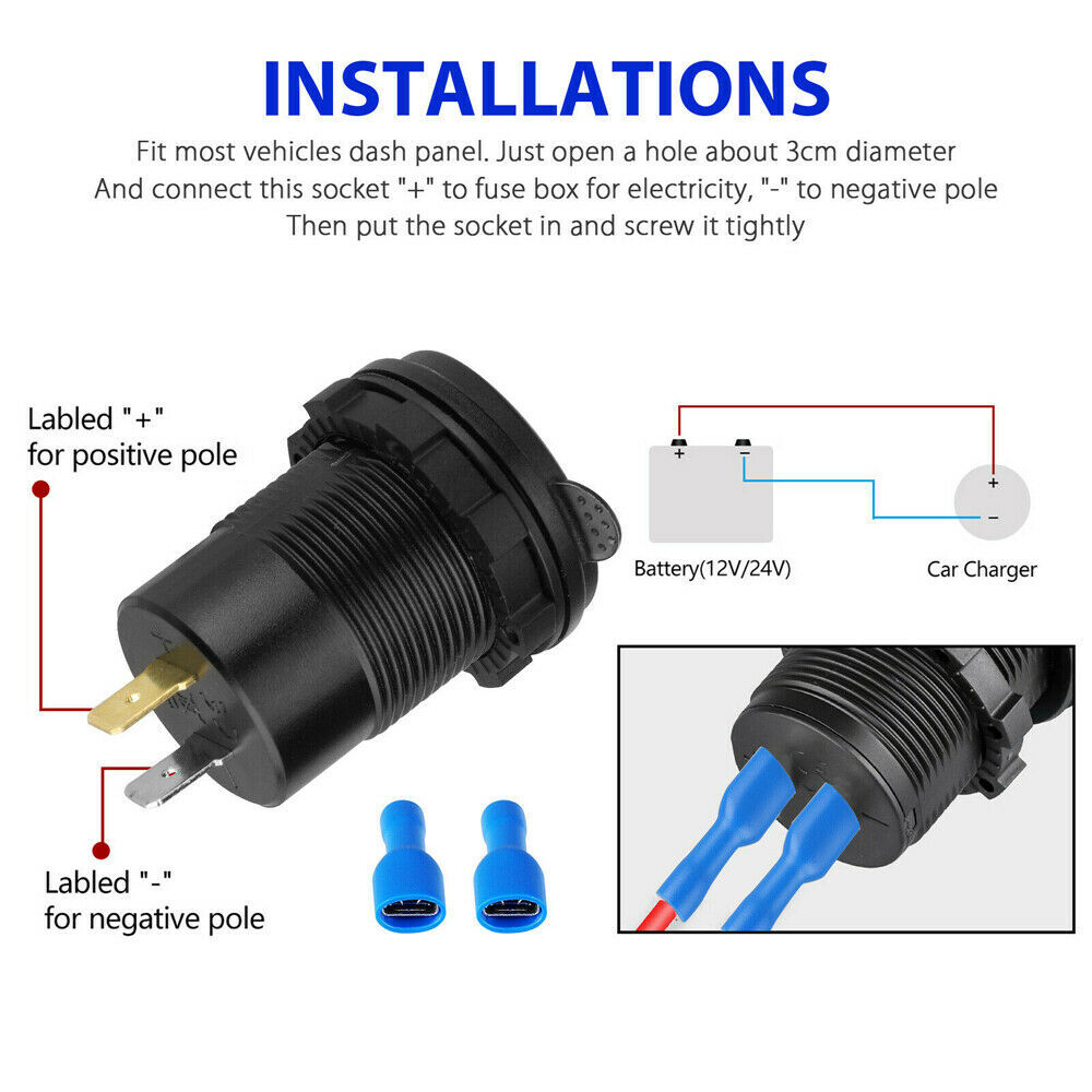 12V QC3.0 Dual USB Car Fast Charger Socket Power Outlet LED Voltmeter Waterproof