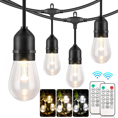 3 Color Outdoor LED Dimmable String Lights for Patio with Remote, 48FT, Black 