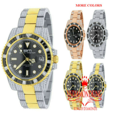 Pre-owned Bling Master Mens 18k 2 Tone Gold Finish Stainless Steel 40mm Simulated Diamond Watch W/date