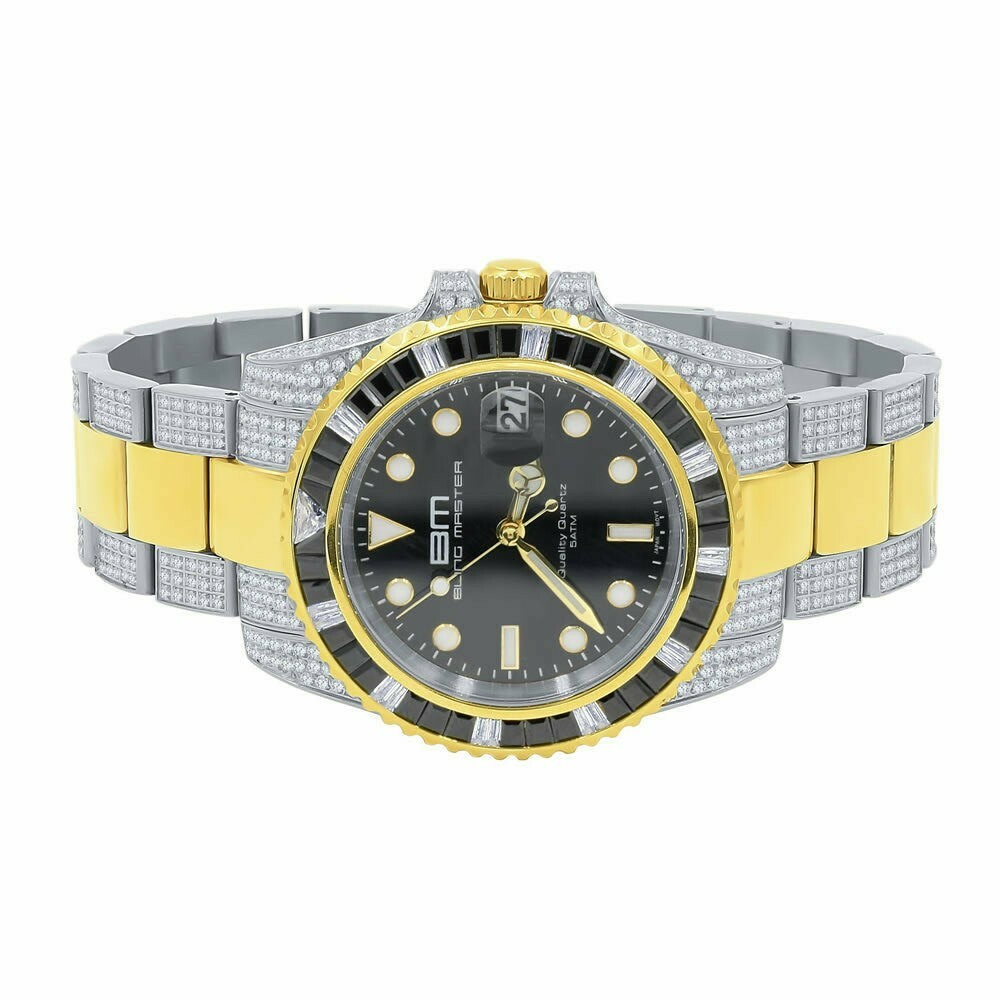 Pre-owned Bling Master 18k 2 Tone Gold Finish Stainless Steel 40mm Simulated Diamond Men's Watch W/date