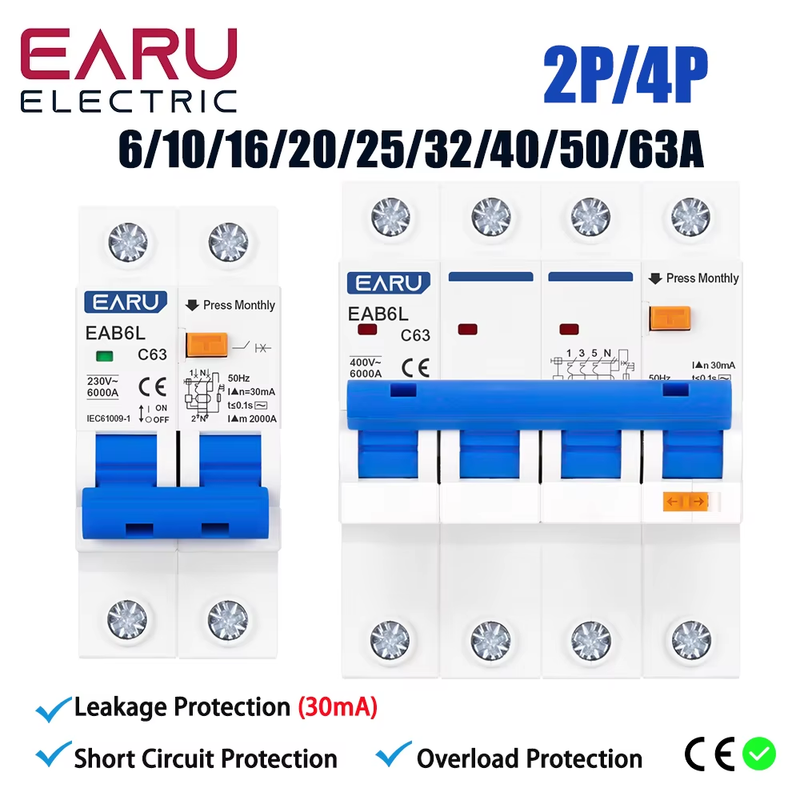 AC230V MCB Leakage Protector RCBO Overload Short Circuit Protection 2P 4P 30mA R