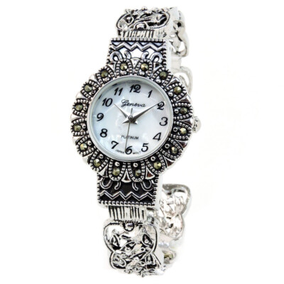 Silver Black Vintage Style Marcasite Round Face Bangle Cuff Watch for Women