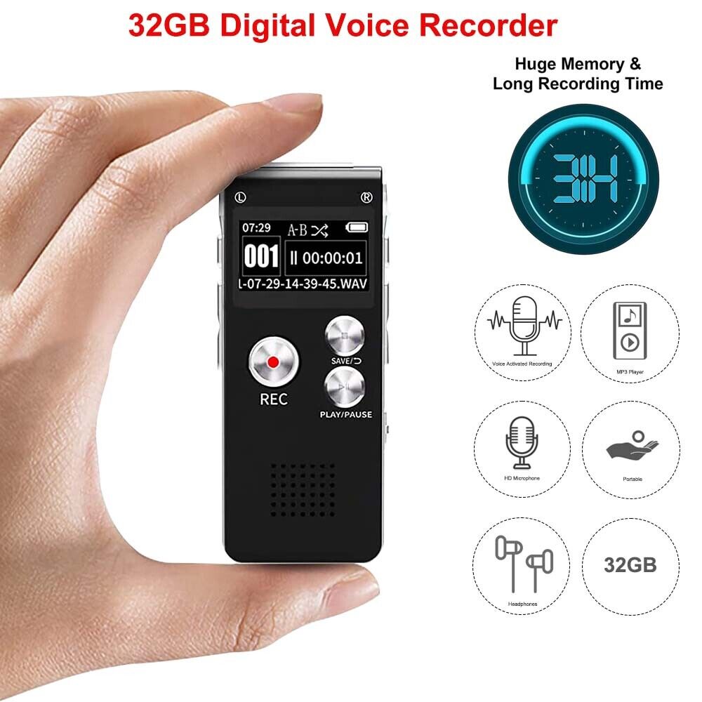 32G Voice Recorder Mini Dictaphone MP3 Player Spy for Lectur