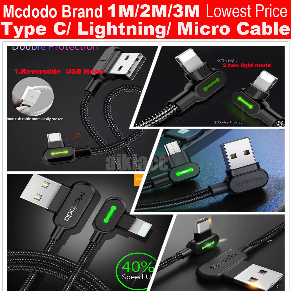 Wholesale Lot Mcdodo Led Right Angle Iphone Type C Micro Usb Charging Cable Ebay