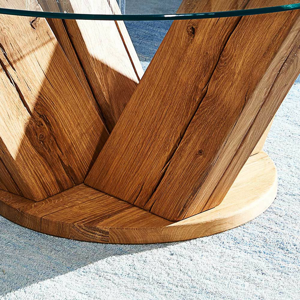 Couchtisch mit Glasplatte Massivholz 90cm Wildeiche Eiche ...