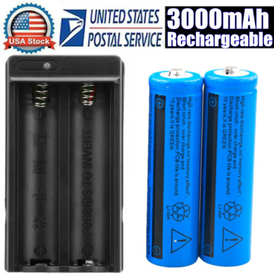 2pcs 3.7V 3000mAh Batteries Rechargeable Battery & Charger for Flashlight Torch