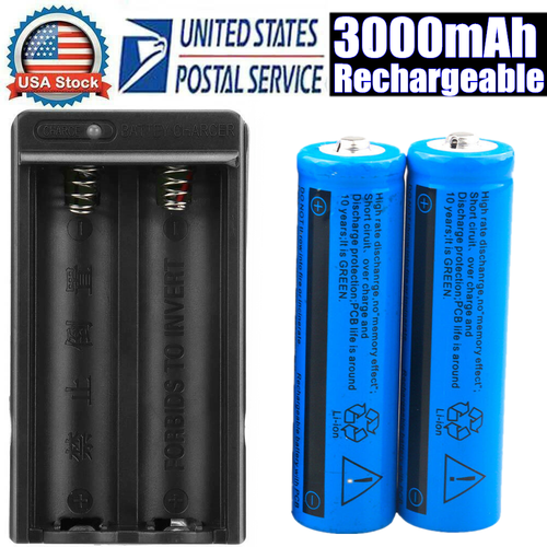 2pcs 3.7V 3000mAh Batteries Rechargeable Battery & Charger for Flashlight Torch