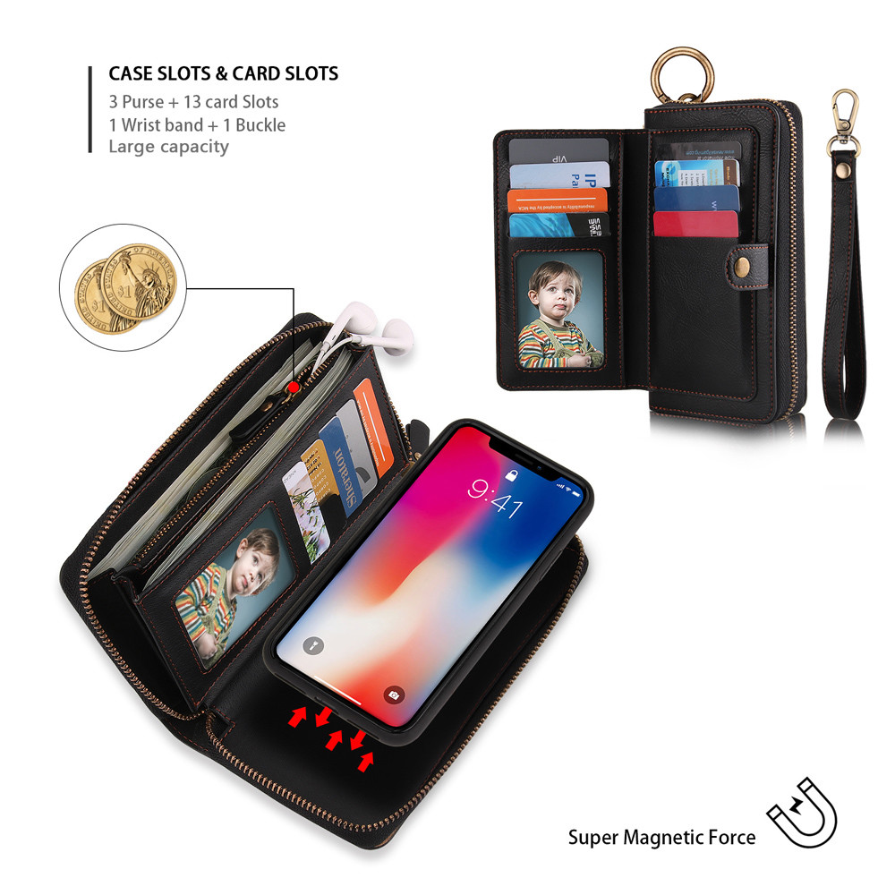 Zipper Purse Detachable Leather Wallet Case Magnetic Cover