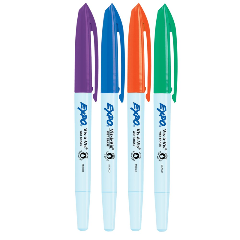 Expo Vis-A-Vis Wet Erase Markers, Fine Point, Assorted Colors, 4 Count