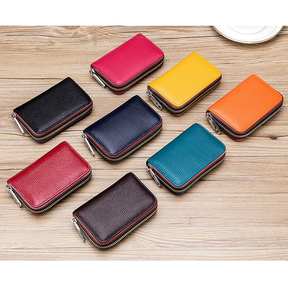 RFID Blocking Women Men Genuine Leather Wallet Credit Card Holder Zipper Pocket
