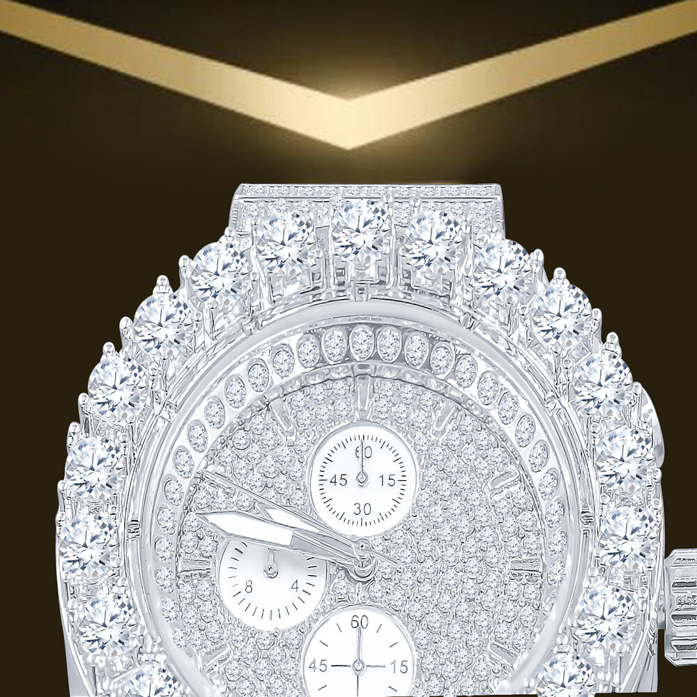 Pre-owned Blingmaster Solid Stainless Steel White Gold Tone Finish Simulated Diamond 48mm Men's Watch