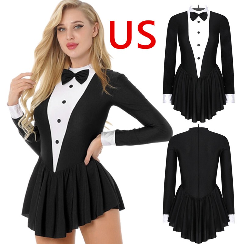 US Womens Contrast Color Tuxedo Waitress Role Play Costume 
