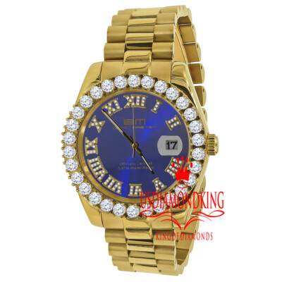 Pre-owned Bling Master Mens Solid Steel Blue Dial 18k Gold Simulated Diamonds Presidential Watch 42mm