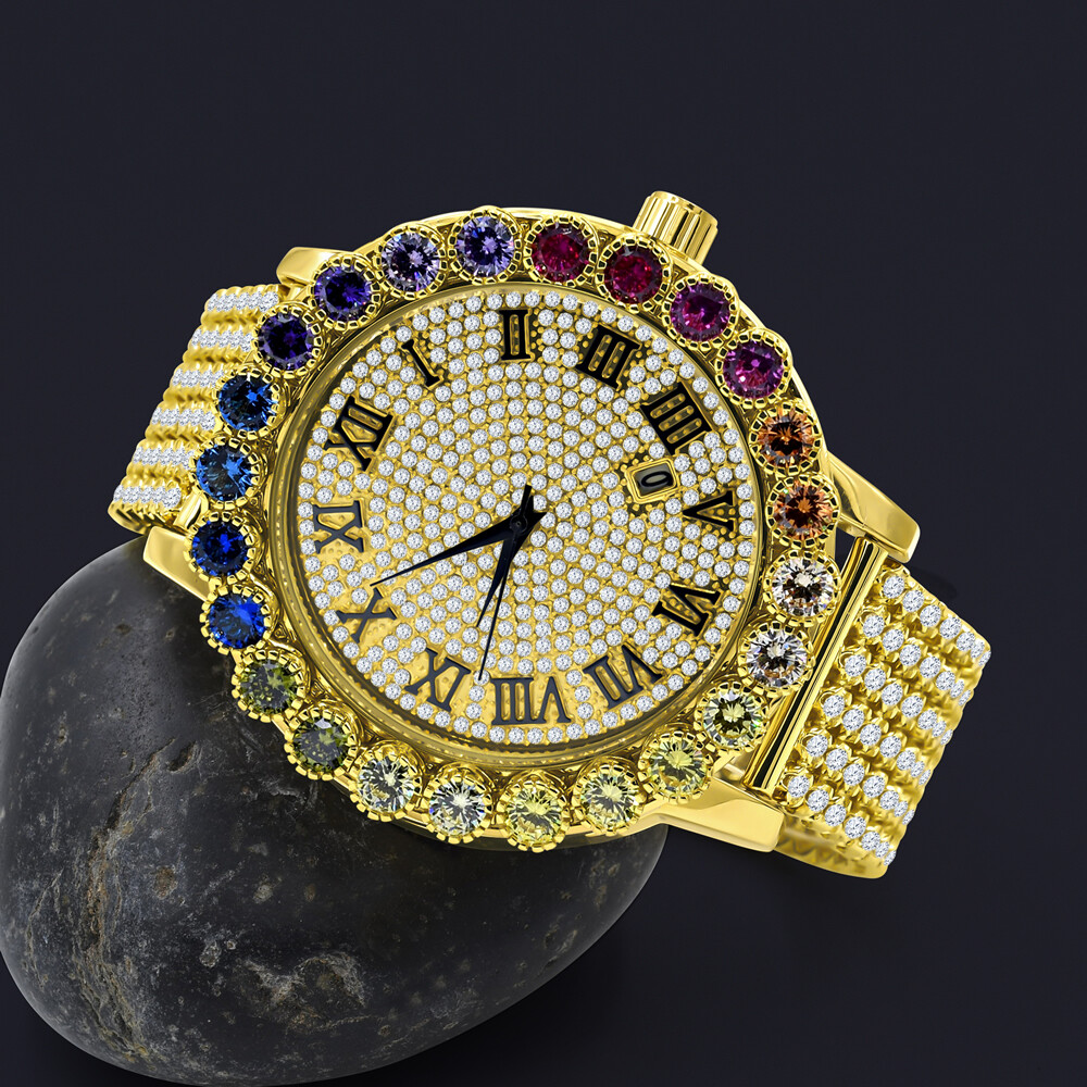 Pre-owned Ice House Roman Numeral Big Xl 55mm Rainbow Multi Tone Prong Set Custom Men's Custom Watch