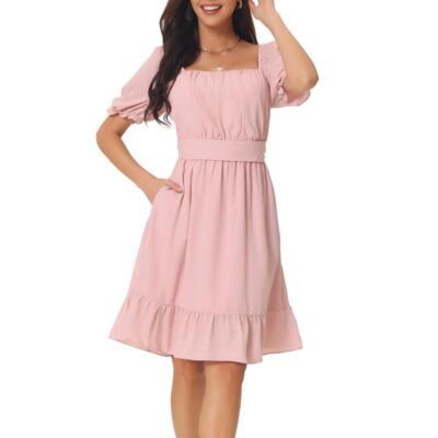 ВДОХНОВЛЯЮЩИЙ ШИК Для женщин с квадратным вырезом и пышной юбкой Миди с коротким рукавом и оборками сзади