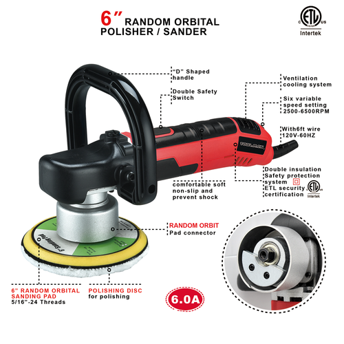 6 Variable Speed Dual- Action Random Orbital Polisher Sander 6500 RPM 6